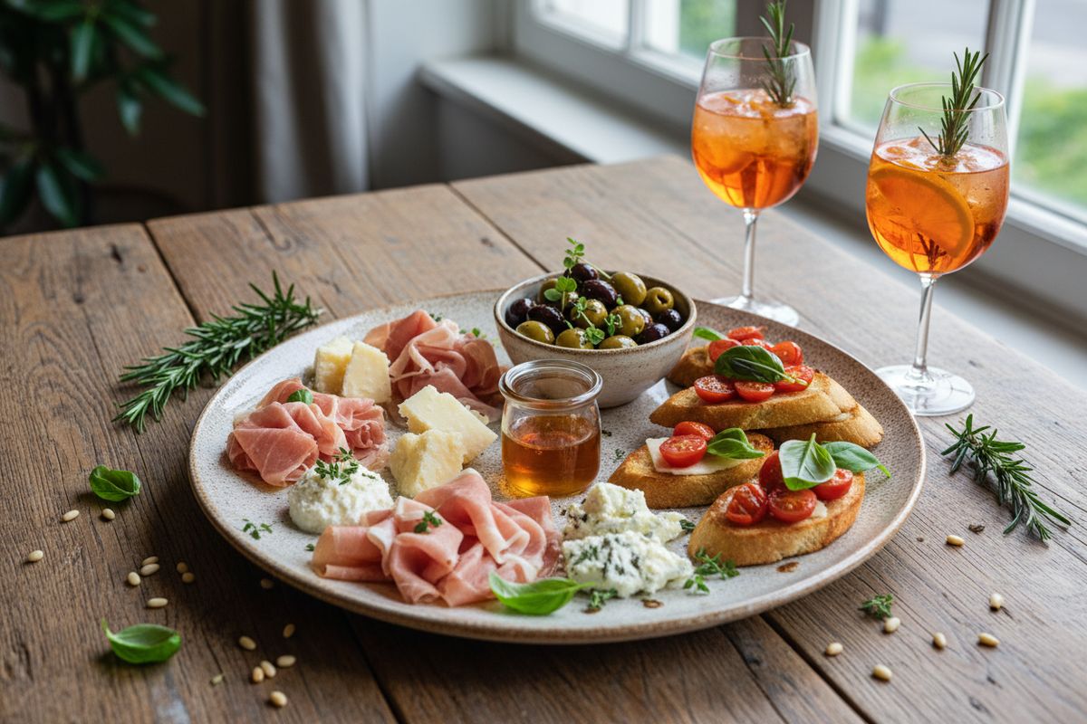 Klassinen italialainen aperitivo parhailla antipasteilla, leikkeleillä ja juomilla – täydellinen tapa aloittaa illallinen tyylikkäästi.
