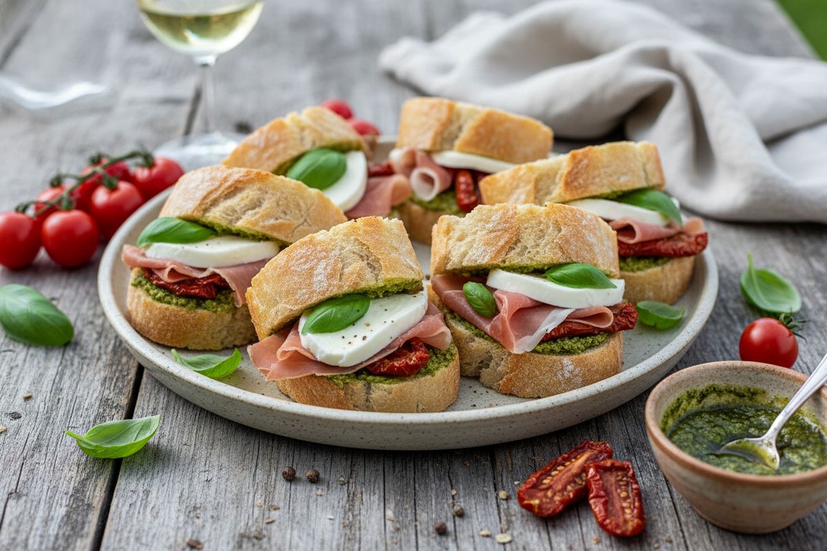 Täytetty ciabatta parmankinkulla, mozzarellalla, aurinkokuivatuilla tomaateilla ja basilikopestolla on kesän upein picnicleipä.