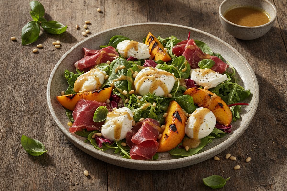 Grillattu nektariini, bresaola ja taleggionjuusto yhdistyvät tässä parhaiden pöytien salaatissa, jonka hunajainen sinappikastike vie makuelämyksen uudelle tasolle.