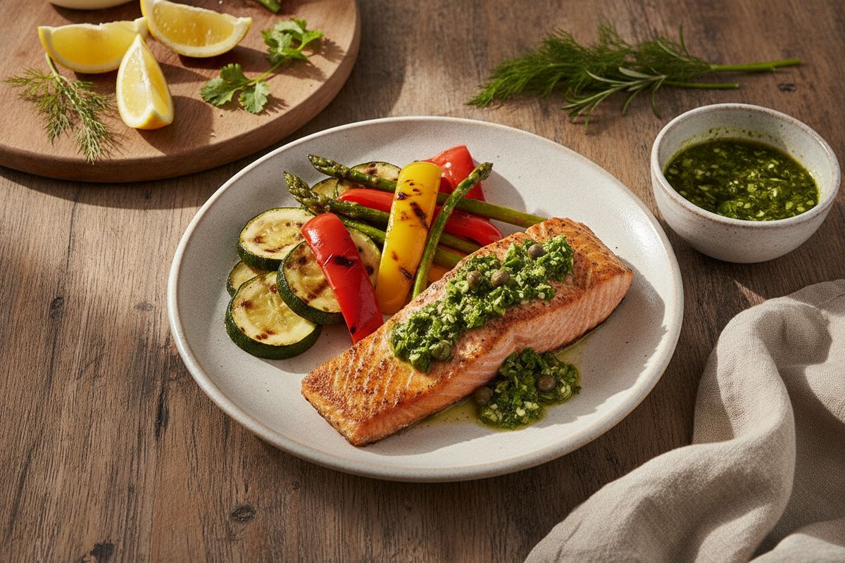 Mehevä grillattu lohi maustettuna chilillä ja oreganolla, tarjoiltuna vihreän yrttivoiton ja grillattujen kasvisten kanssa.
