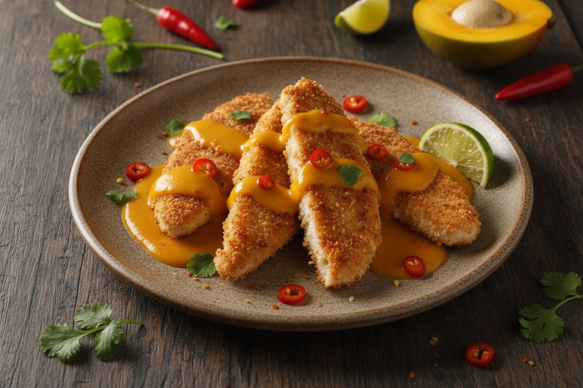 Kultaisen rapea kana ja tuore mango-chilikastike – trooppinen, tulinen ja hedelmäinen yhdistelmä parhaaseen pöytään.