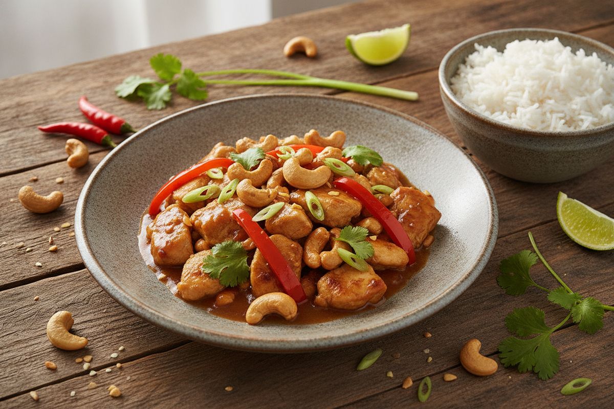 Täyteläinen cashew-kana rapeine pähkinöineen ja aromaattisine thaikastikkeineen – pöytäsi ehdoton herkku.