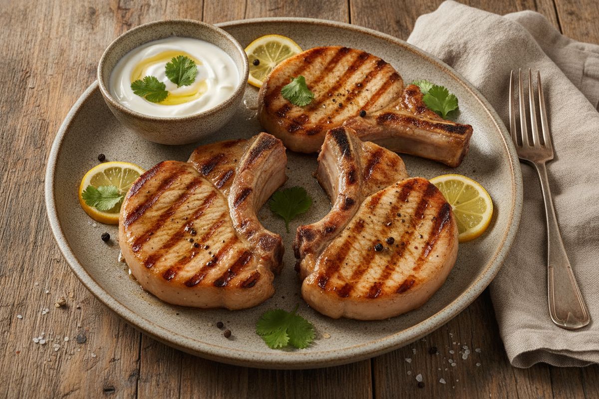 Jogurttimarinaadissa kypsytetyt possupihvit grillattuna – mehevää, täyteläistä ja parasta kesäpöytään.