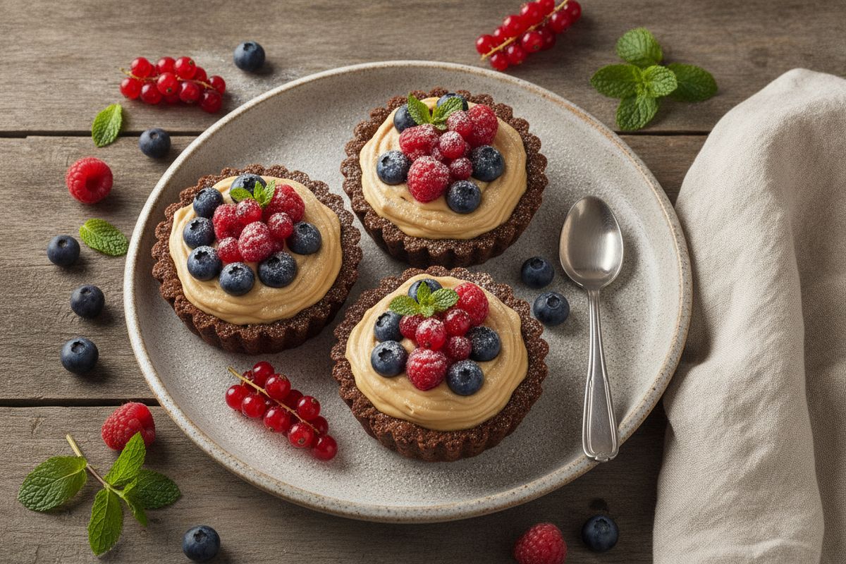 Herkullisia Biscoff-kermatäytteisiä tartaletteja tuoreiden marjojen kera – elegantti pieni herkku juhliin ja kahvipöytään.