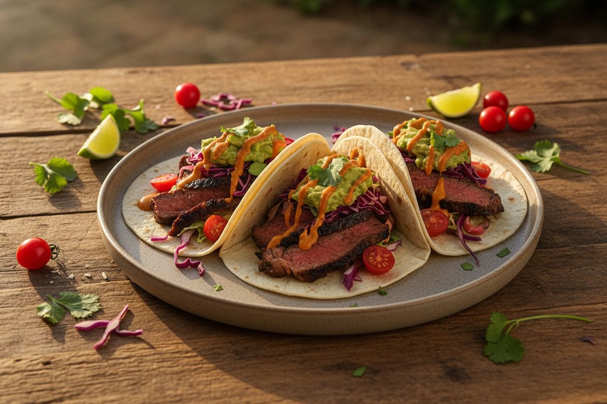 Savuisat grillipihvitacot mehevällä ribeye-pihvillä, avokadotahnalla, rapealla coleslawilla ja tulisella chipotle-smetanalla – kesän ehdottomat tacot.