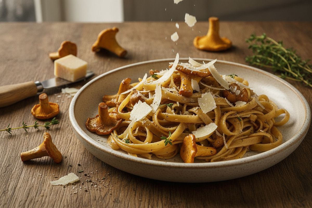 Kantarellipasta ruskealla voilla on syksyn herkullisinta – tuoreet metsäsienet ja pähkinäinen beurre noisette yhdistyvät täydelliseksi pastaksi.