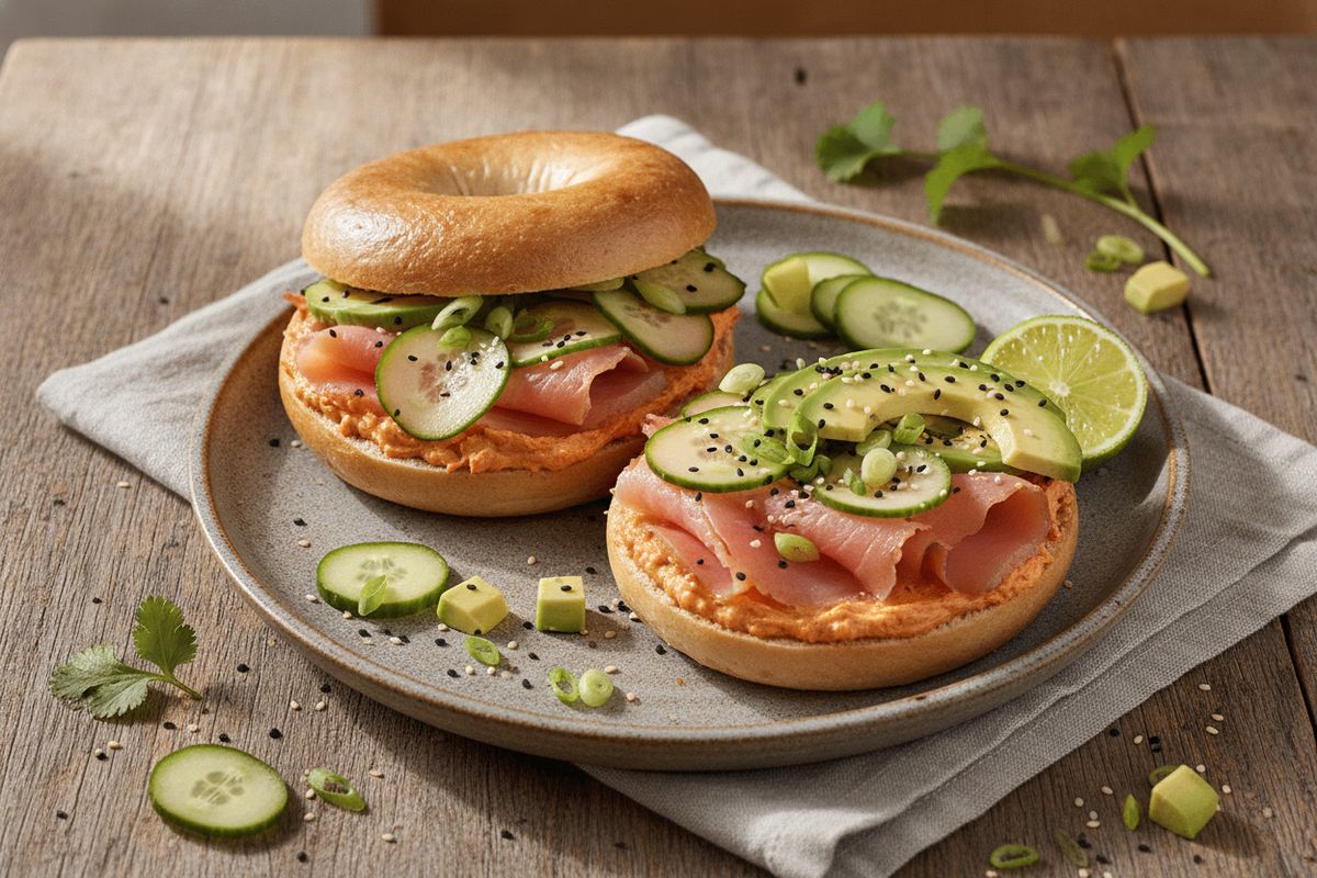 Korealainen savukirjolohibagel yhdistää rapean bagelklassikon ja aasialaiset aromit – helppo arkiluksus parhaimmillaan.