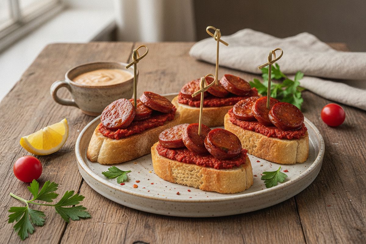 Savuinen chorizo rapealla batonkileivällä ja tomaatti-sitruunasurveella – espanjalainen tapas parhaimmillaan.