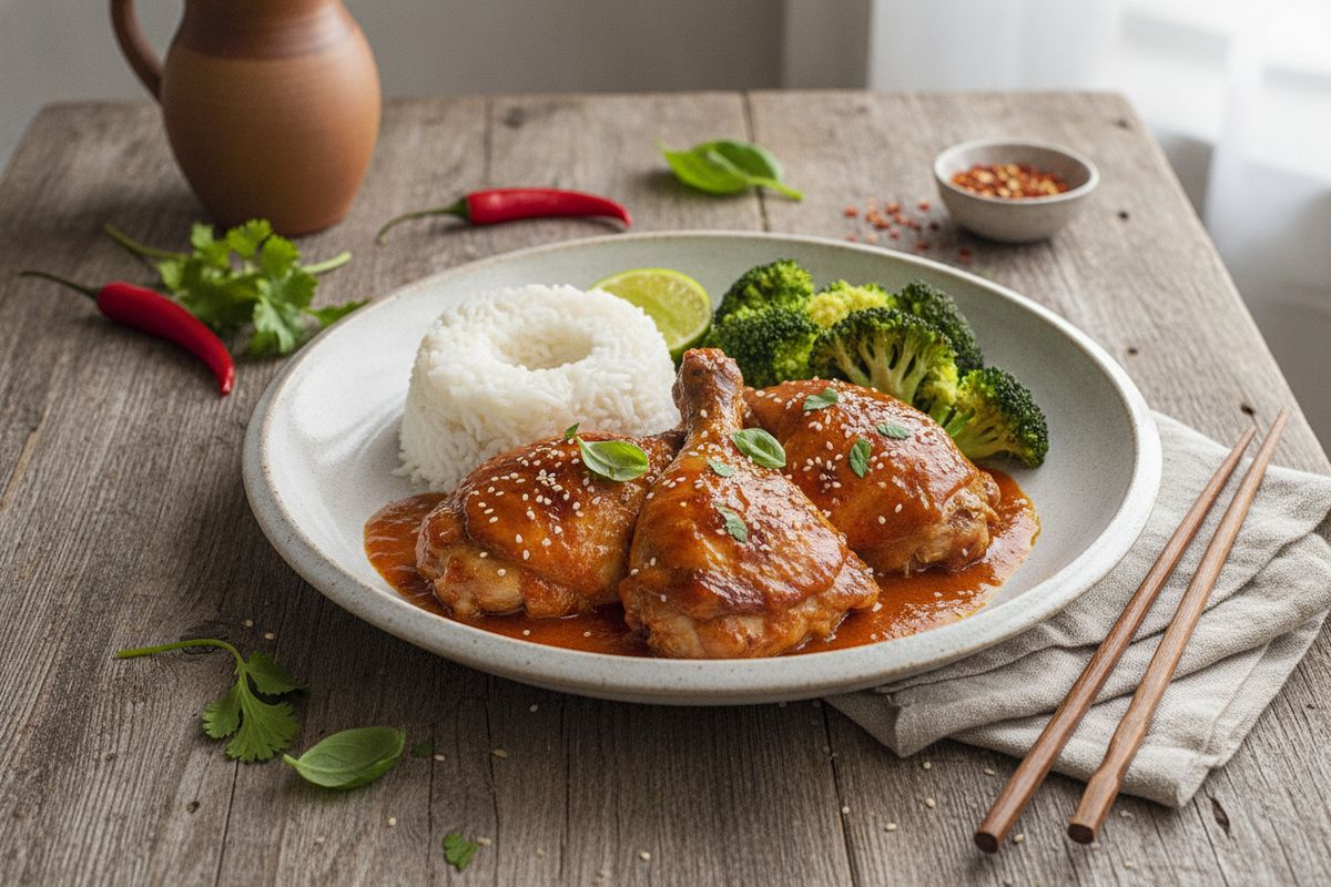 Haudutettua kanaa syvänmakuisessa gochujang-kookoskastikkeessa – täydellinen arki- ja viikonloppuruoka jasmiiniriisin kera.