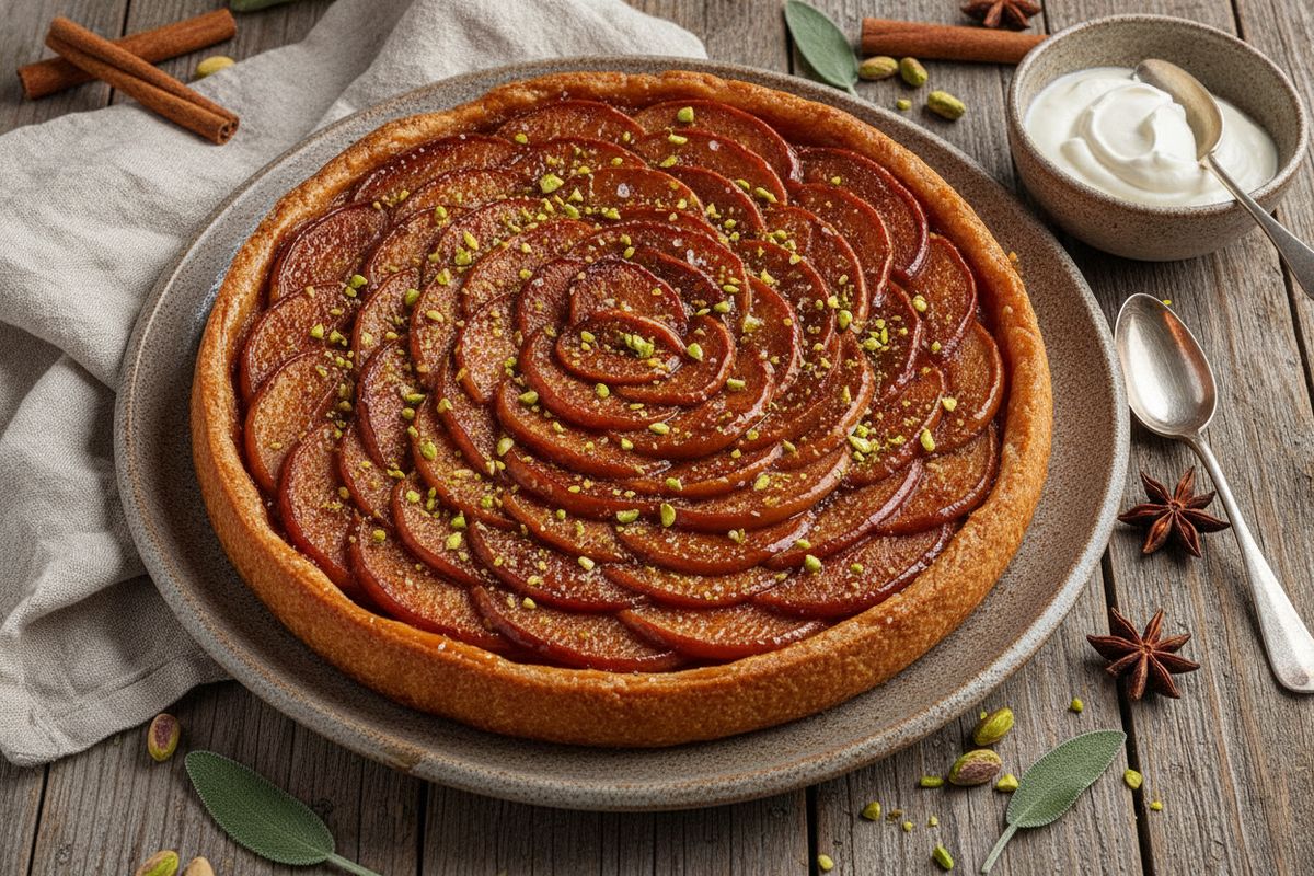 Omena-pistaasi tarte tatin on ranskalainen jälkiruokaklassikko, jossa karamellisoituneet omenat ja rapsakat pistaasit yhdistyvät täydellisesti.