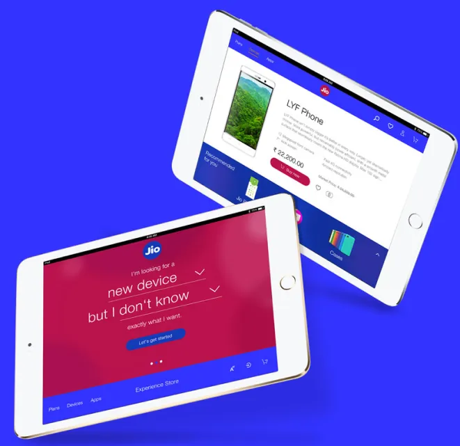 Two iPads showing screens from my project Jio Brand Launch