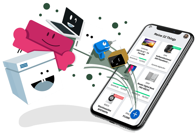 household things in illustration form flying out of an iphone which shows the thingsy app design