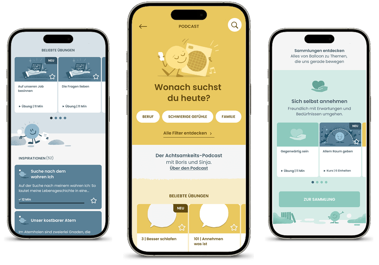 Meditations-App Balloon auf drei Smartphones mit Podcasts, Slidern und Inspirationen.