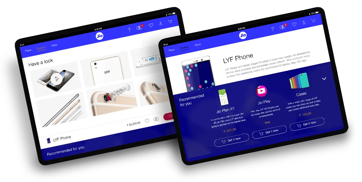 Jio inStore App Design Konzept gezeigt auf zwei iPads