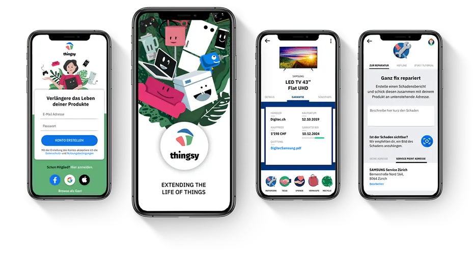 App Screens von Thingsy, gezeigt auf 4 Smartphones