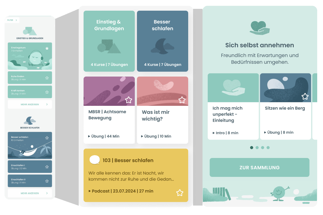 Detail Screens einzelner Assets der Balloon Meditations App, zeigt ein und zweispaltige Medien, sowie slider