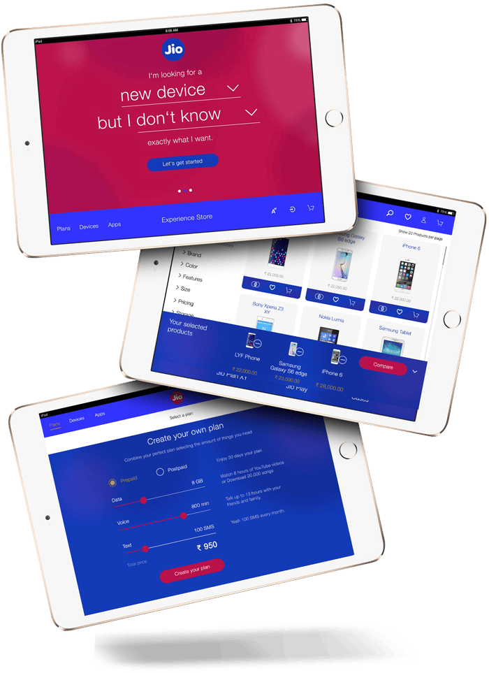 Drei iPads zeigen verschiedene Jio-Webseiten: eine Startseite zur Auswahl eines neuen Geräts, eine Produktvergleichsseite mit Smartphones und eine Seite zum Erstellen eines individuellen Mobilfunktarifs.