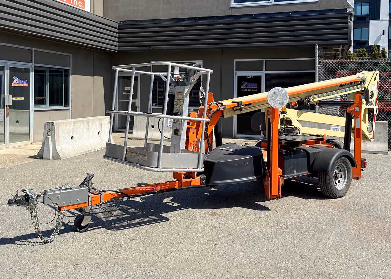 Close-up of JLG T350 boom lift platform and control station with boom partially raised