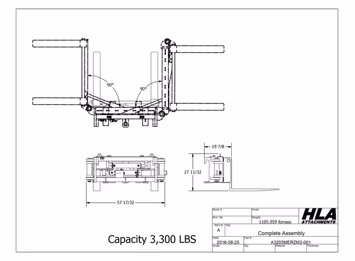 HLA A3205MERZM2 hydraulic swing away carriage technical drawing with dimensions in Canada
