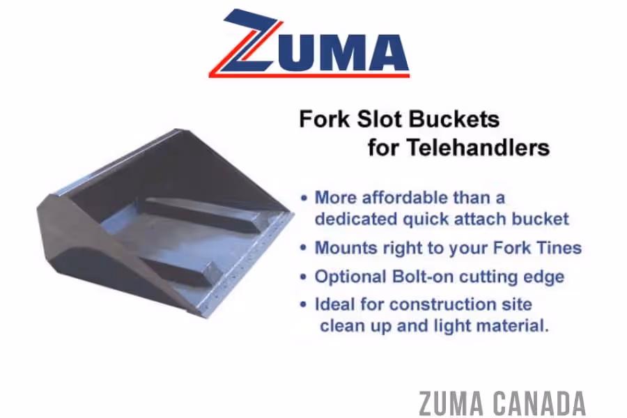 Fork slot bucket product info graphic with key features in Canada