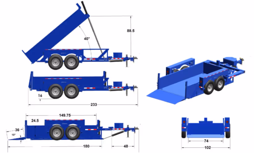 Technical schematic showing the dimensions and specifications of an Air-Tow dump trailer from multiple angles, including the 40-degree dump angle.