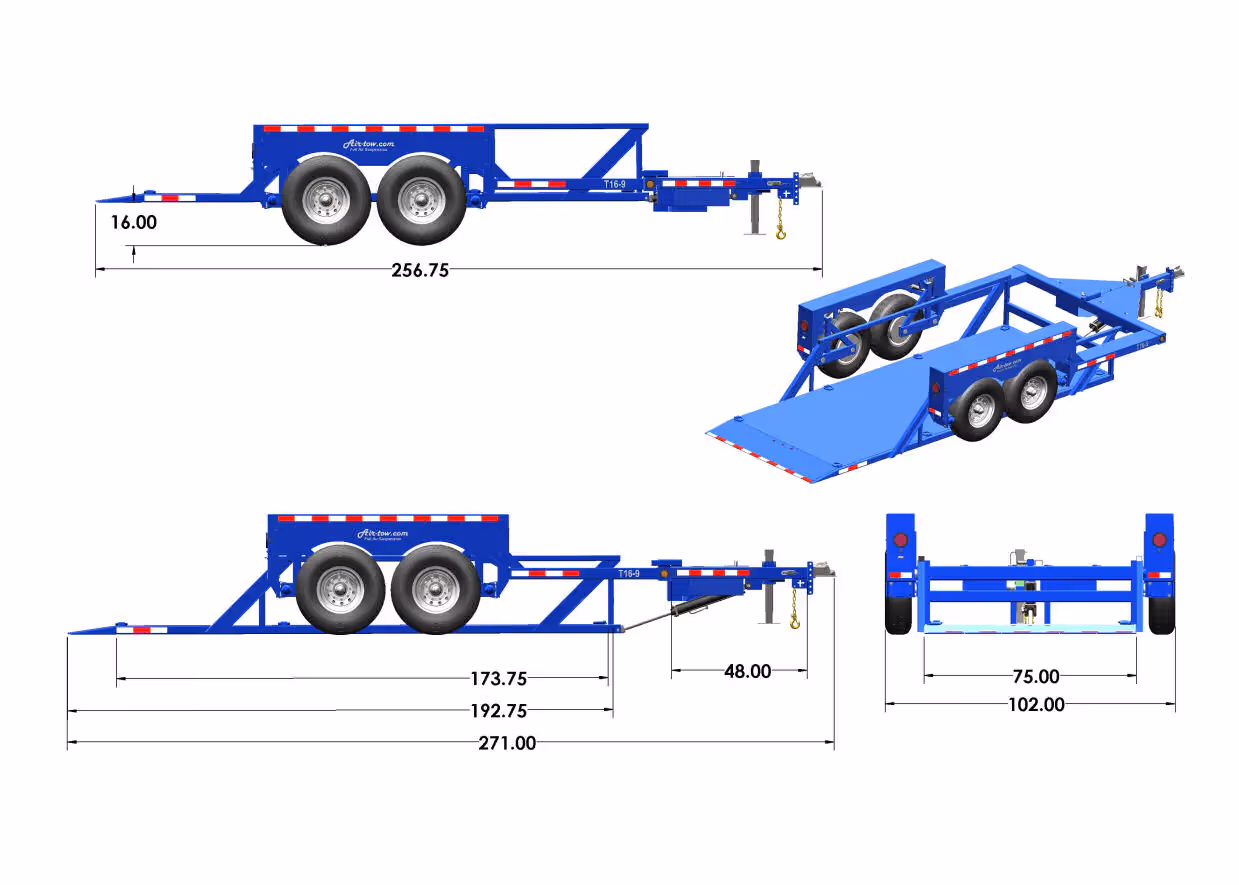 Airtow T16-12 equipment trailer spec diagram with measurements in Canada