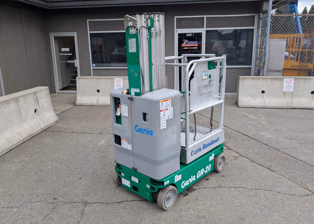 Genie GR-20 runabout lift front angle with platform visible in Canada