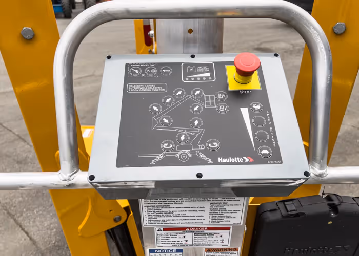 Haulotte 3522A boom lift control panel close-up inside platform in Canada