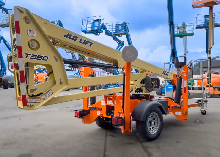 JLG T350 towable boom lift rear view showing articulated boom in Canada
