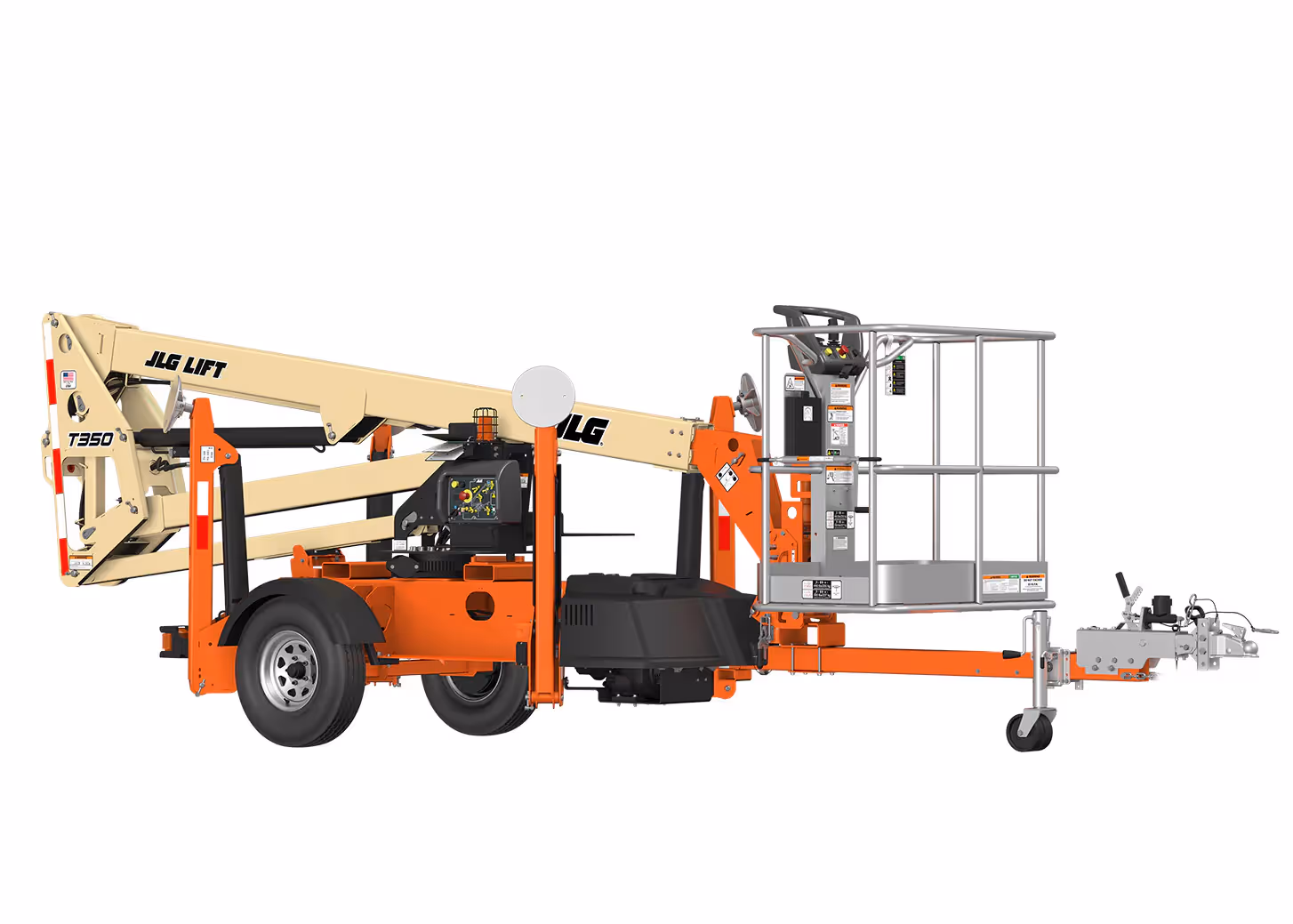 JLG T350 towable boom lift with its arm fully extended to maximum height against a white background
