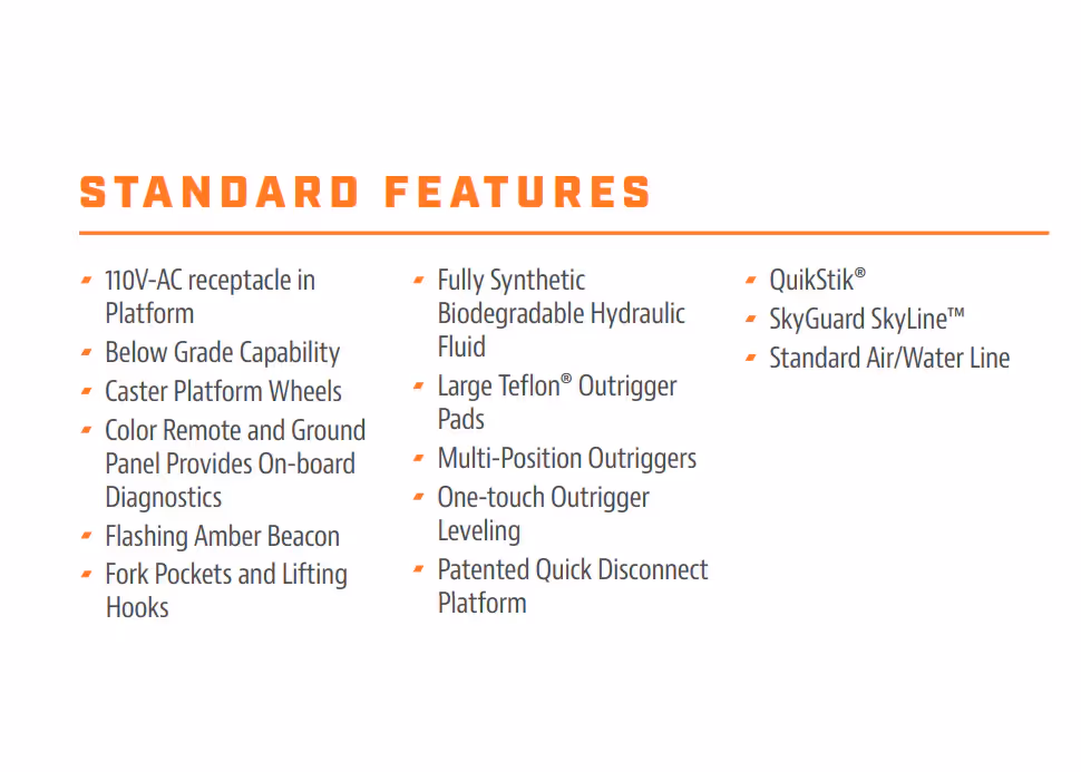 A list of standard features for the JLG X500AJ, including a 110V-AC receptacle, below grade capability, and QuikStik.