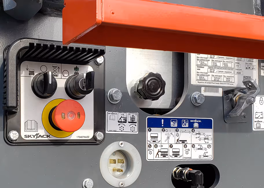Skyjack SJ3226 lower control panel with emergency stop and power keys in Canada
