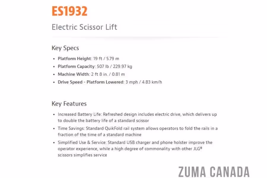 JLG ES1932 scissor lift key specs and features sheet in Canada