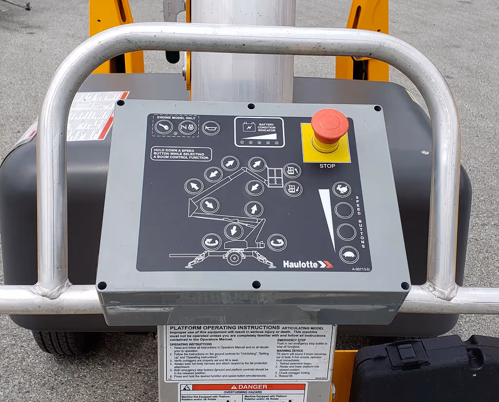Haulotte 5533A boom lift upper control panel close-up in Canada