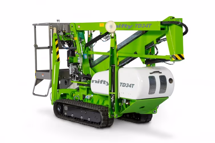 Niftylift TD34T track boom lift rear view in a compact stowed position.