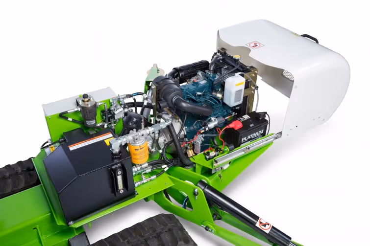 The engine and hydraulic systems of the Niftylift TD34T with the cover open.