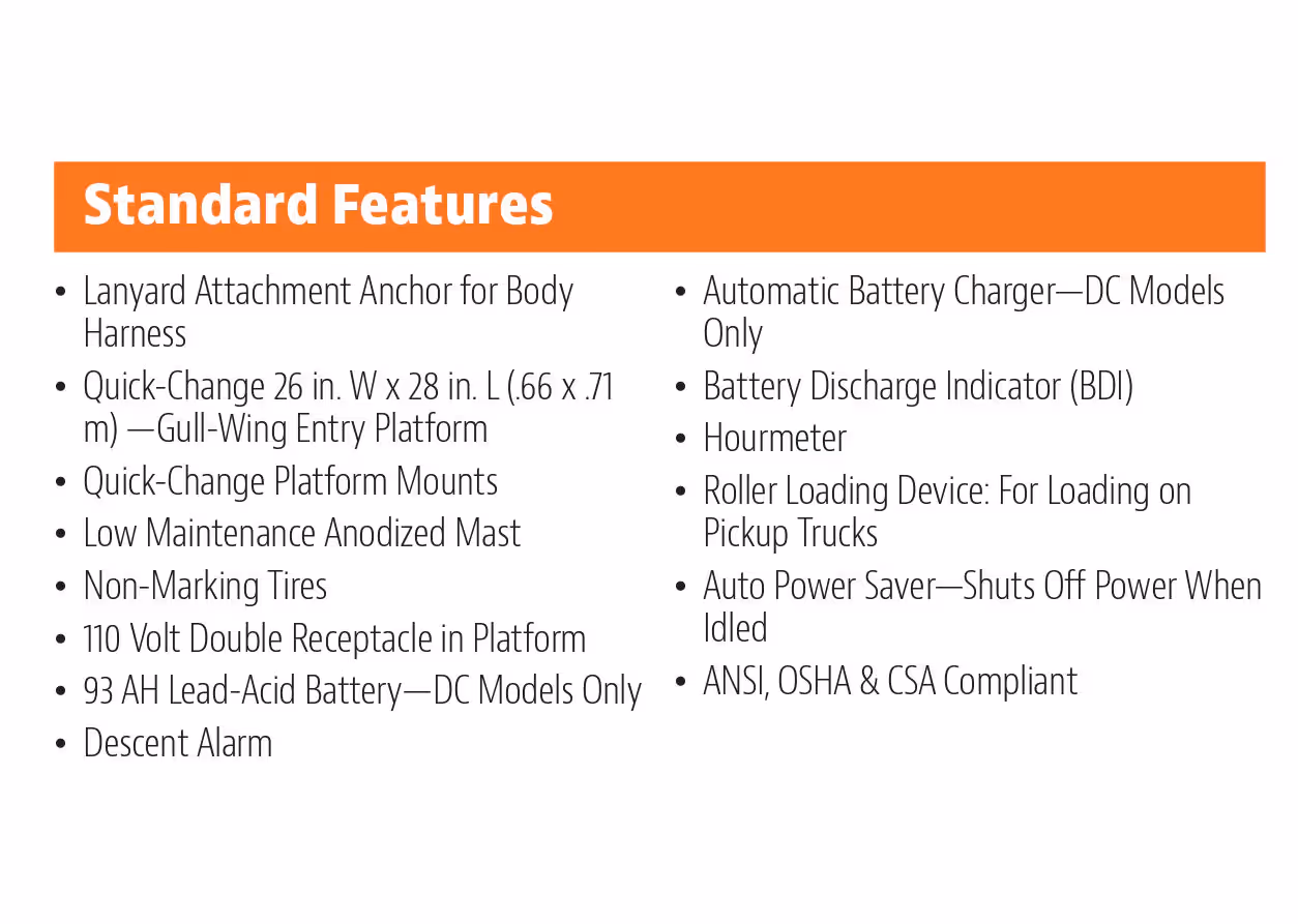 Standard features list for the JLG 25AM vertical lift