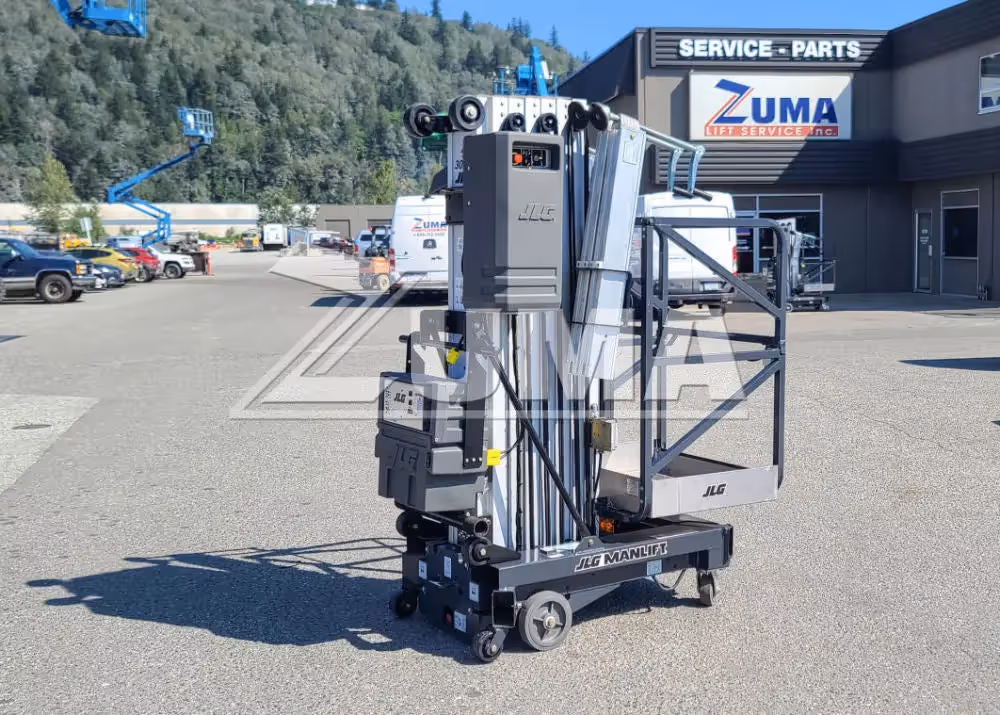 JLG 30AM personnel lift angled view with controls and mast in Canada