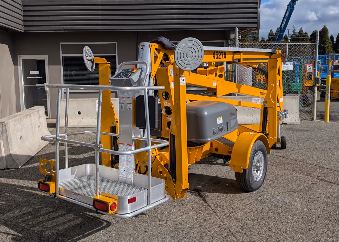 Haulotte 4527A towable boom lift rear platform view for sales in Canada