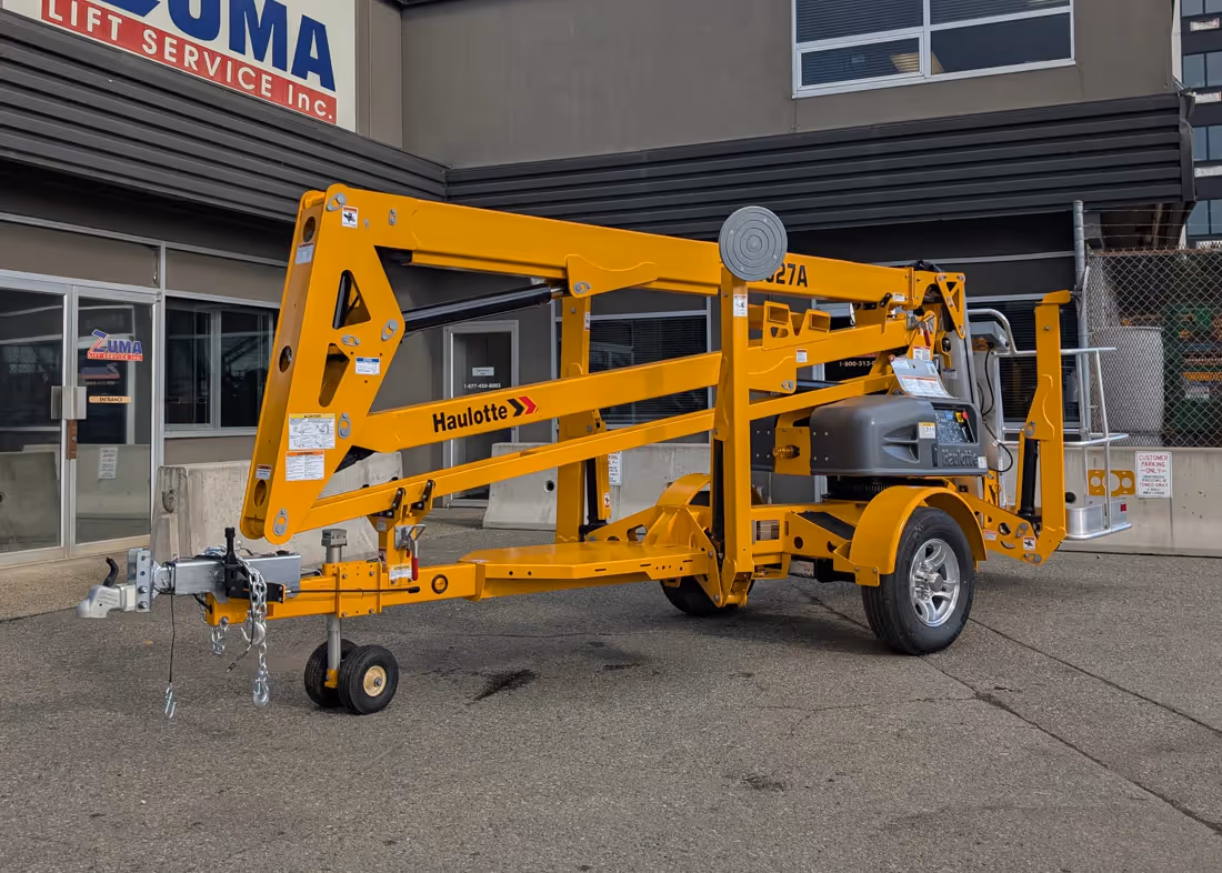 Haulotte 4527A towable boom lift front angled view in Canada