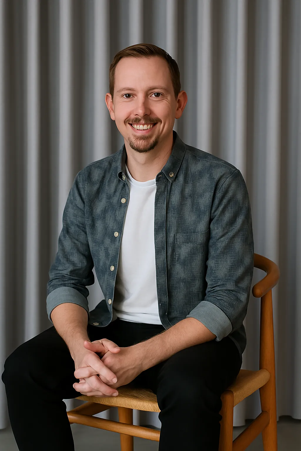 Smiling man with short brown hair and goatee sitting on a wooden chair wearing a gray button-up shirt over a white t-shirt and black pants.