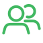 Green outline icon of two people representing a group or users.