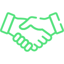 Green icon of two hands shaking representing a handshake.