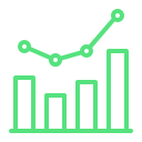 Green line chart with five data points connected by lines above four vertical bar columns.