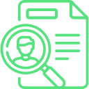 Green icon of a magnifying glass over a resume with a user profile, representing headhunting or recruitment.