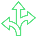 Three green arrows pointing left, up, and right from a single base.