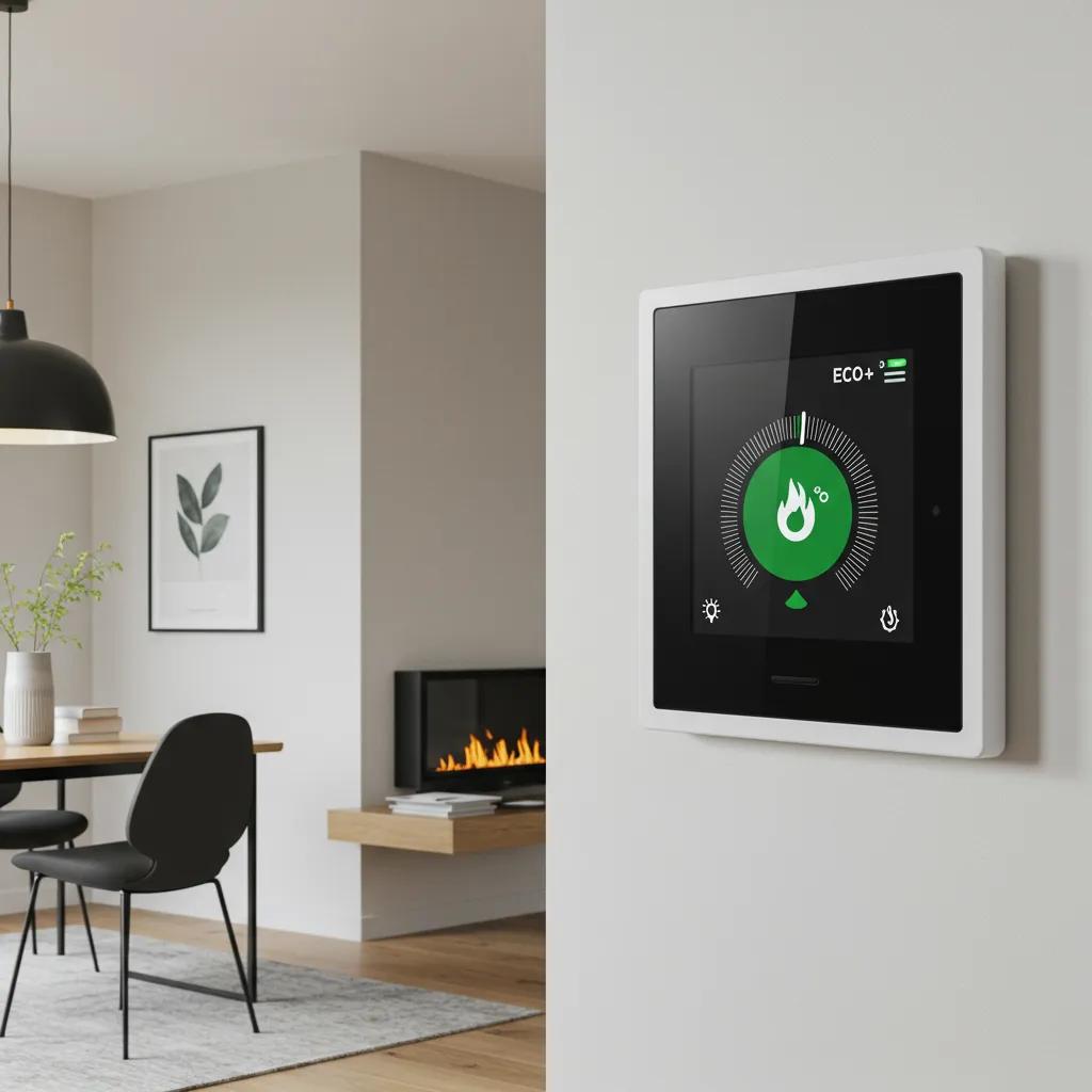 Close-up of a smart thermostat displaying Daikin Eco+ mode settings, emphasizing energy-saving features in a home