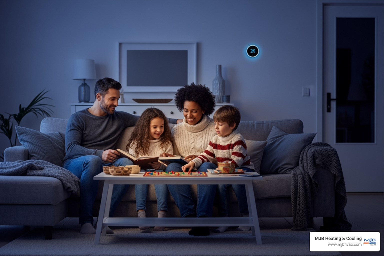 Infographic showing the four key benefits of new furnace installation: a thermometer icon with upward arrow representing improved energy efficiency and lower utility bills, a house icon with comfortable temperature zones showing improved home comfort and consistent heating, a shield icon with checkmark indicating increased safety and reduced carbon monoxide risk, and a calendar icon with wrench representing long-term reliability and fewer breakdowns - furnace installation in andover, ks