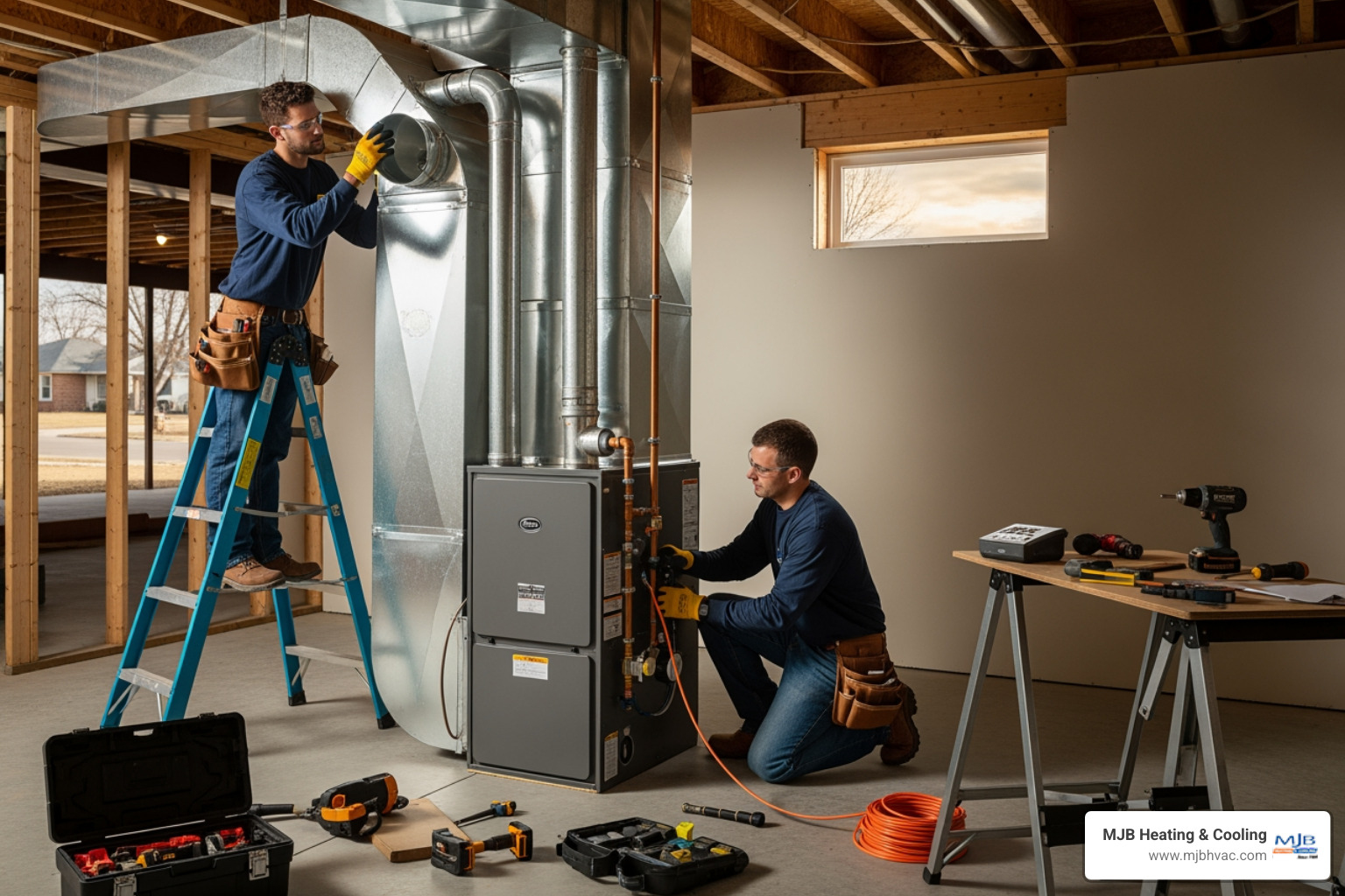 Infographic showing the complete furnace installation process: Signs you need replacement (age over 15 years, frequent repairs, high bills, uneven heating), choosing the right system (fuel type, sizing, AFUE rating), professional installation steps (removal, placement, connections, testing), and maintenance requirements (annual tune-ups, filter changes, expected 15-20 year lifespan) - furnace installation in wichita, ks