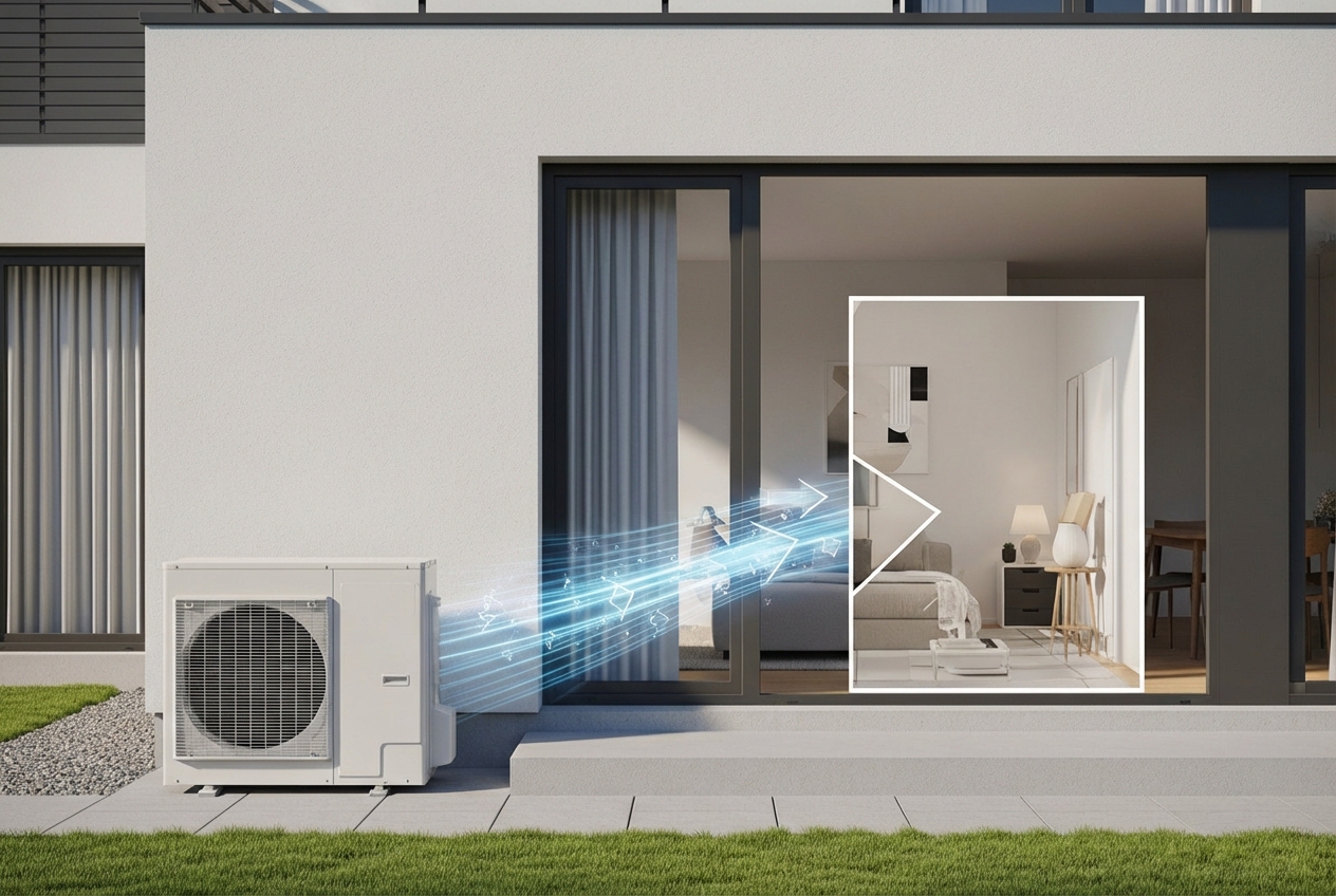 infographic showing how a heat pump transfers heat between indoor and outdoor units in both heating mode (extracting warmth from outside air and moving it inside) and cooling mode (removing heat from indoor air and releasing it outside), with arrows indicating refrigerant flow direction and labels for key components like the compressor, reversing valve, and coils - heat pump repair in wichita, ks